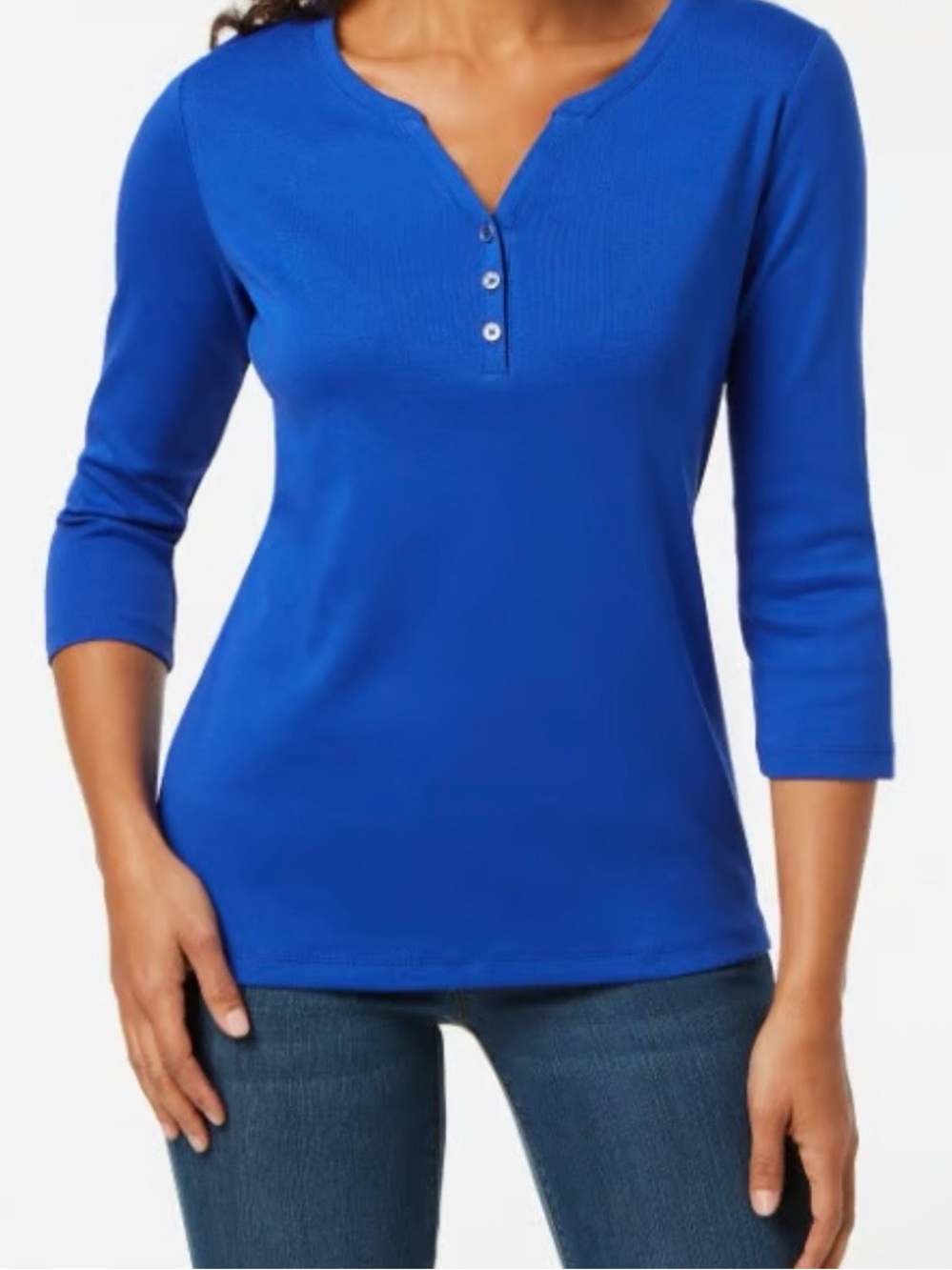 Karen Scott, Royal Blue Short 3/4 Sleeve Henley Top, 100% Cotton, Women’s 0X